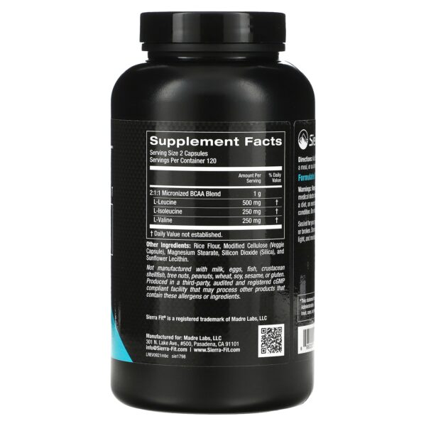 Sierra Fit, Micronized BCAA, Branched Chain Amino Acids, 500 mg, 240 Veggie Capsules - Image 2