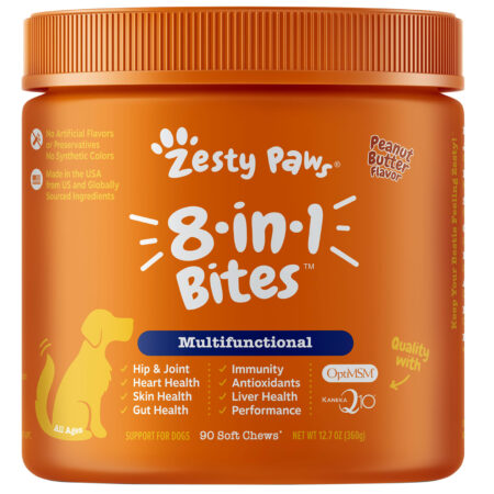 Zesty Paws, 8-in-1 Bites for Dogs, Multifunctional, All Ages, Peanut Butter, 90 Soft Chews, 12.7 oz (360 g)