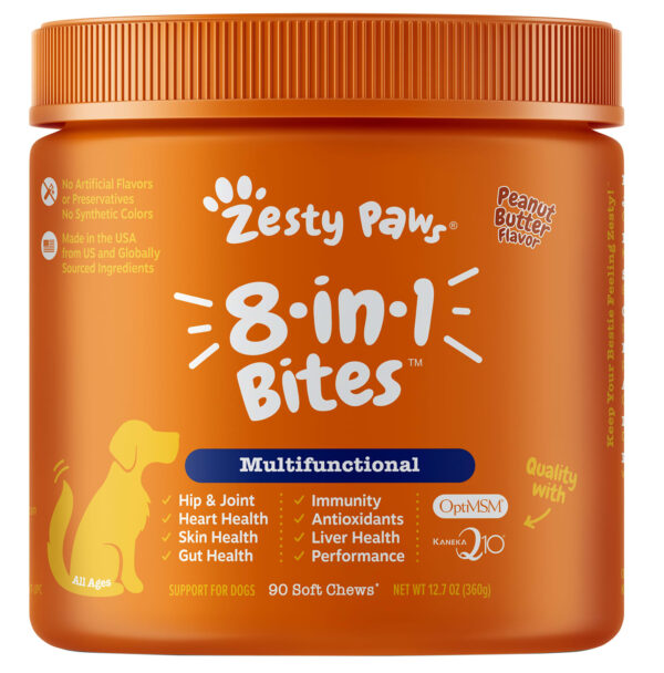 Zesty Paws, 8-in-1 Bites for Dogs, Multifunctional, All Ages, Peanut Butter, 90 Soft Chews, 12.7 oz (360 g)