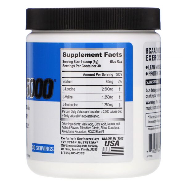 EVLution Nutrition, BCAA5000, Blue Raz, 8.47 oz (240 g) - Image 2