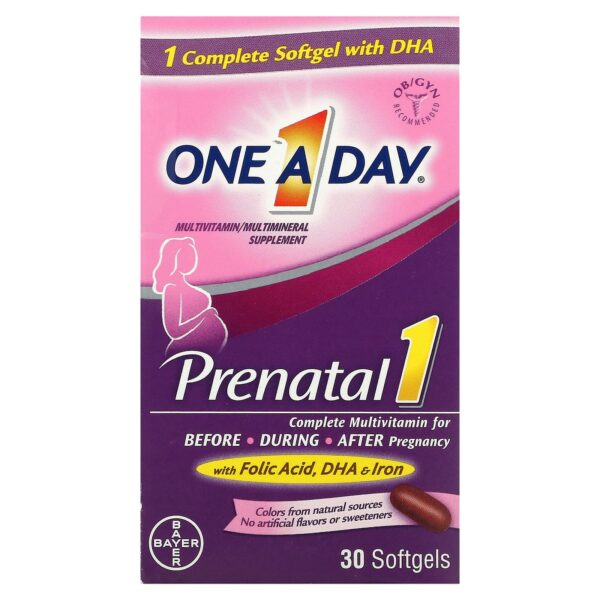 One-A-Day, Prenatal 1 with Folic Acid, DHA & & Iron, Multivitamin/Multimineral Supplement, 30 Softgels