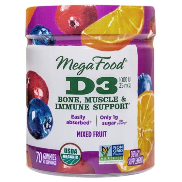 MegaFood, Qualified Organic D3 Gummies, Soft Chew 1000 IU Vitamin D Supplement Bone, Muscle Immune Gluten Free, Vegetarian, 70 Gummies