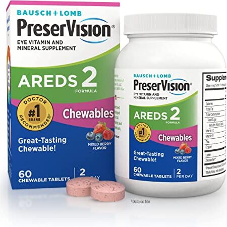 PreserVision AREDS 2 Eye Vitamin & & Mineral Supplement, Consists Of Lutein, Vitamin C, Zeaxanthin, Zinc & & Vitamin E, 60 Chewable Tablets (Product Packaging Might Differ)