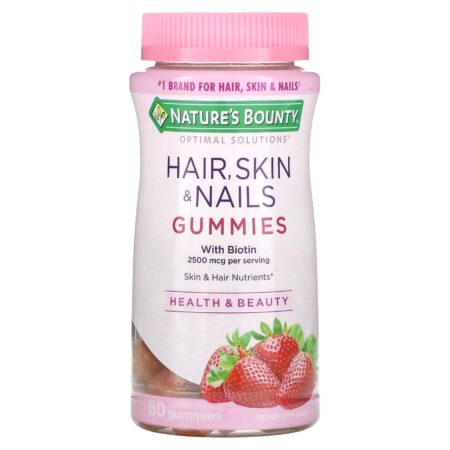 Nature’s Bounty, Hair, Skin & Nails Gummies with Biotin, Strawberry, 1,250 mcg, 80 Gummies